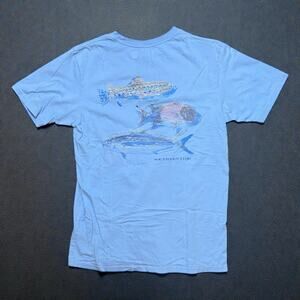Southern Tide T-Shirt Mens Light Blue Fly Fishing Graphic Pocket Tee Size S